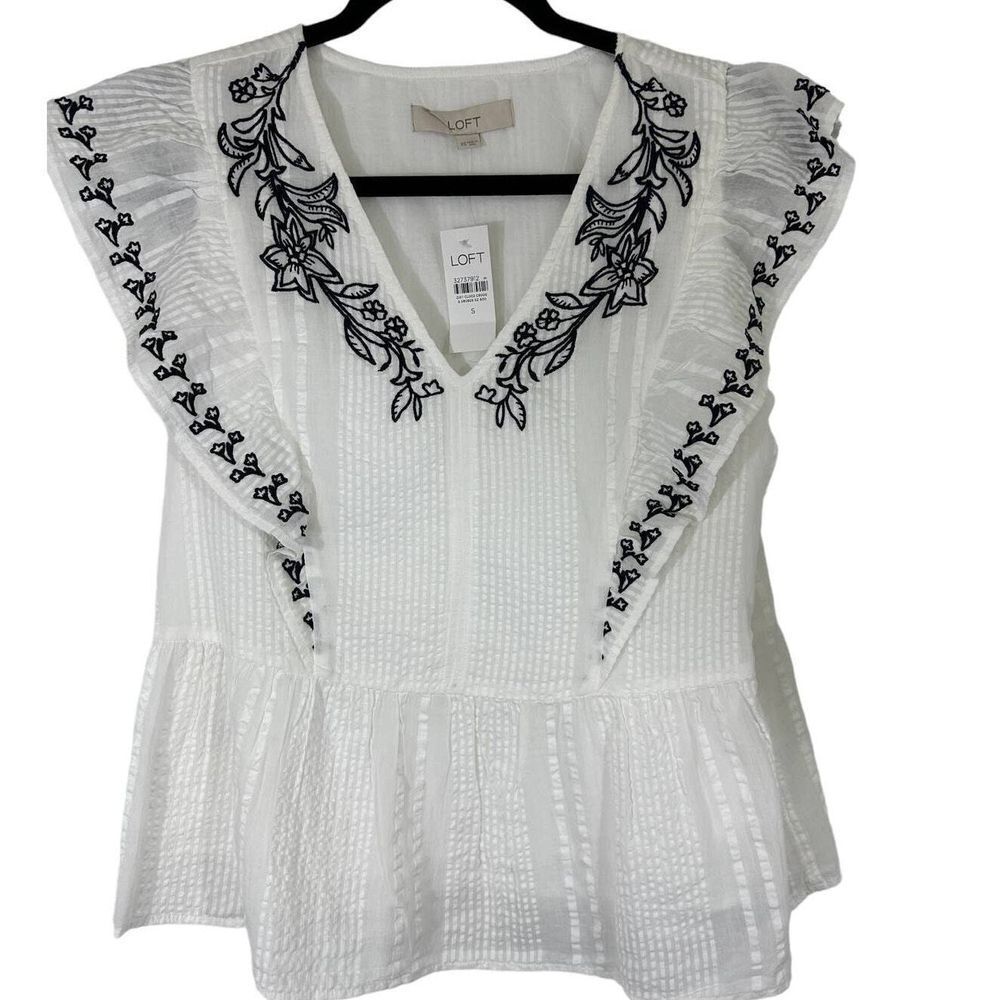 LOFT NEW Women's Floral Embroidered Ruffle Peplum Top SZ XS White‎